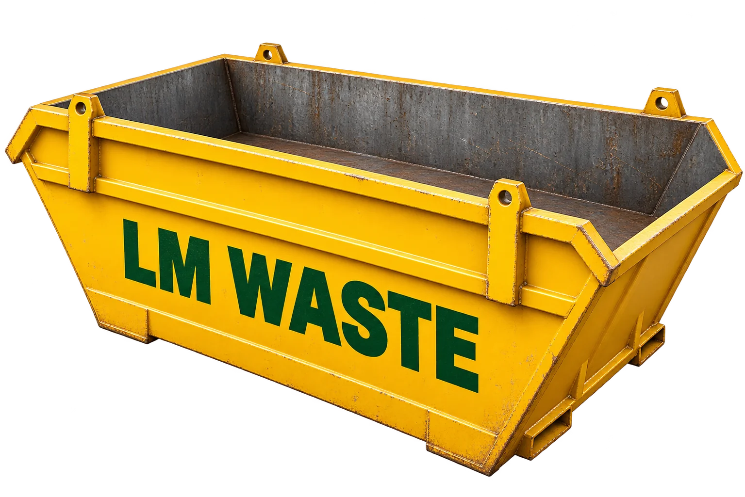 Illustration of a yellow open-top LM Waste builders’ skip with reinforced sides and lifting eyes